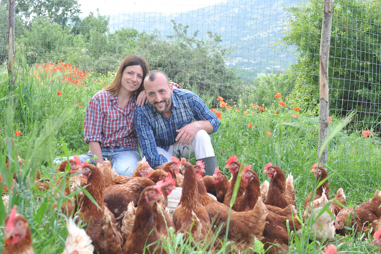 Alessandra e Antonio Germano con un gruppetto di galline del loro allevamento Tuorlo Biancofiore.